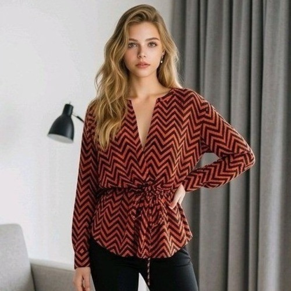 Lauren Ralph Lauren Blouse Women 3X Red Chevron Drawstring Waist Top Peplum Boho